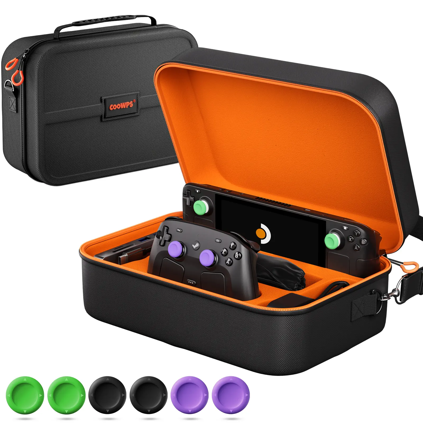 COOWPS ST2 Large Full-Protection Steam Deck Carrying Case - Hard Shell Zippered Travel Storage Bag with Shoulder Strap, Accessories Organizer for Steam Machine Handheld Gaming Console & OLED Model, Includes 6 Thumb Grips, 6 Grips