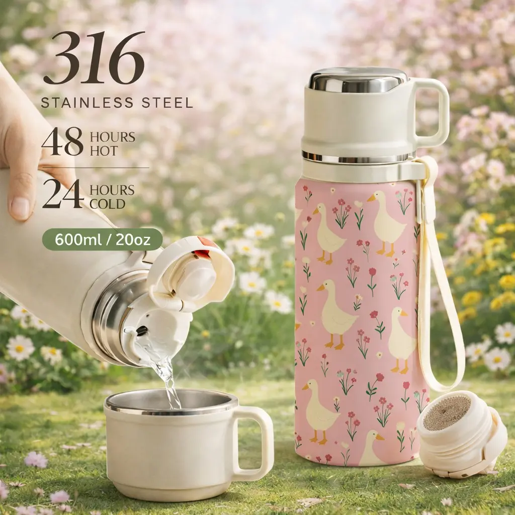 1 Pc 316 Stainless Steel Vacuum Bottle 600ml, Insulated Thermal Mug, Leakproof Tumbler, Reusable Thermos Cup, 48 Hours Hot, 24 Hours Cold, Leak Proof Lid, Duck Floral Pattern Design, Portable Travel Flask with Cup, Gift for Women Girls, Holiday Gift