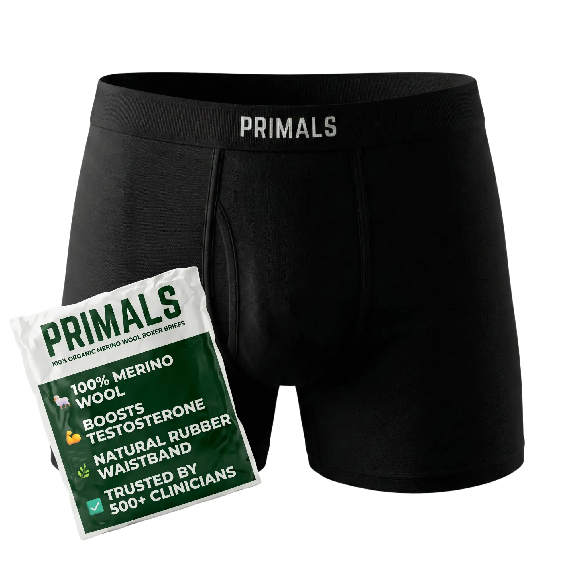 PRIMALS 100% Merino Wool Boxer Briefs - Natural Rubber Waistband - Improves Testosterone & Fertility - Elite Performance - Approved by 500+ Clinicians - Zero Polyester or Plastic - Midnight Black (1 Count)