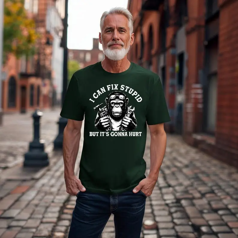 Small Business Graphic Shirt with Funny "I Can Fix Stupid" Slogan - Men's Heavyweight Round Neck Short-Sleeve Streetwear, Traditional, Classic, Cotton