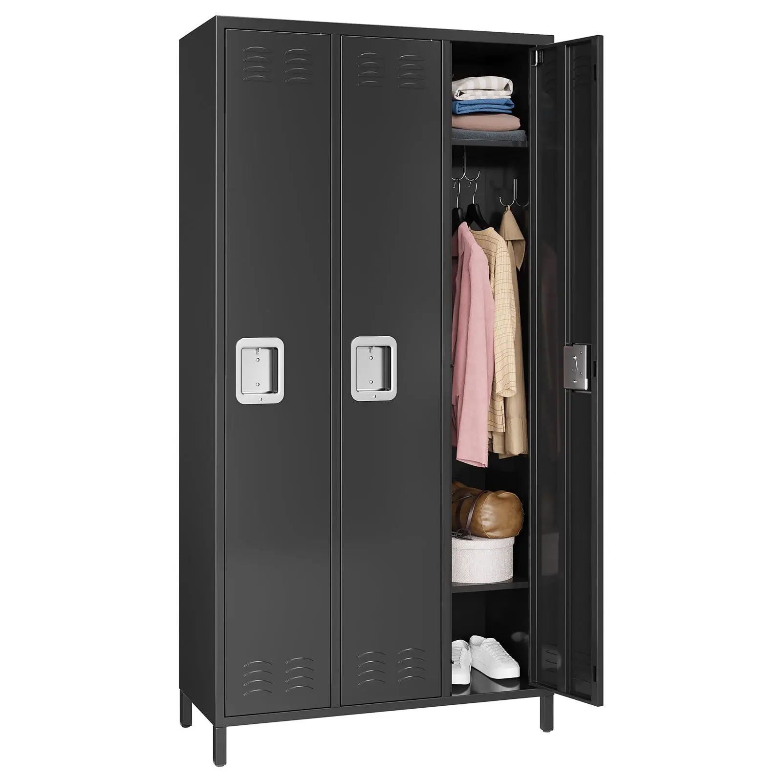 3-Door Storage Locker Cabinet, Lockable Doors, Shelves & Hooks, Rust-Resistant Metal Storage Locker for Office, Gym, School, Garage, Employee Use