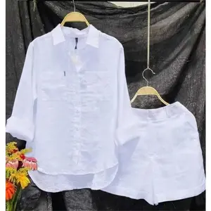 Fashion White Long Sleeve Shirt And Shorts Two Piece Sets Women Cotton Linen Casual Home 2 Piece Set Women