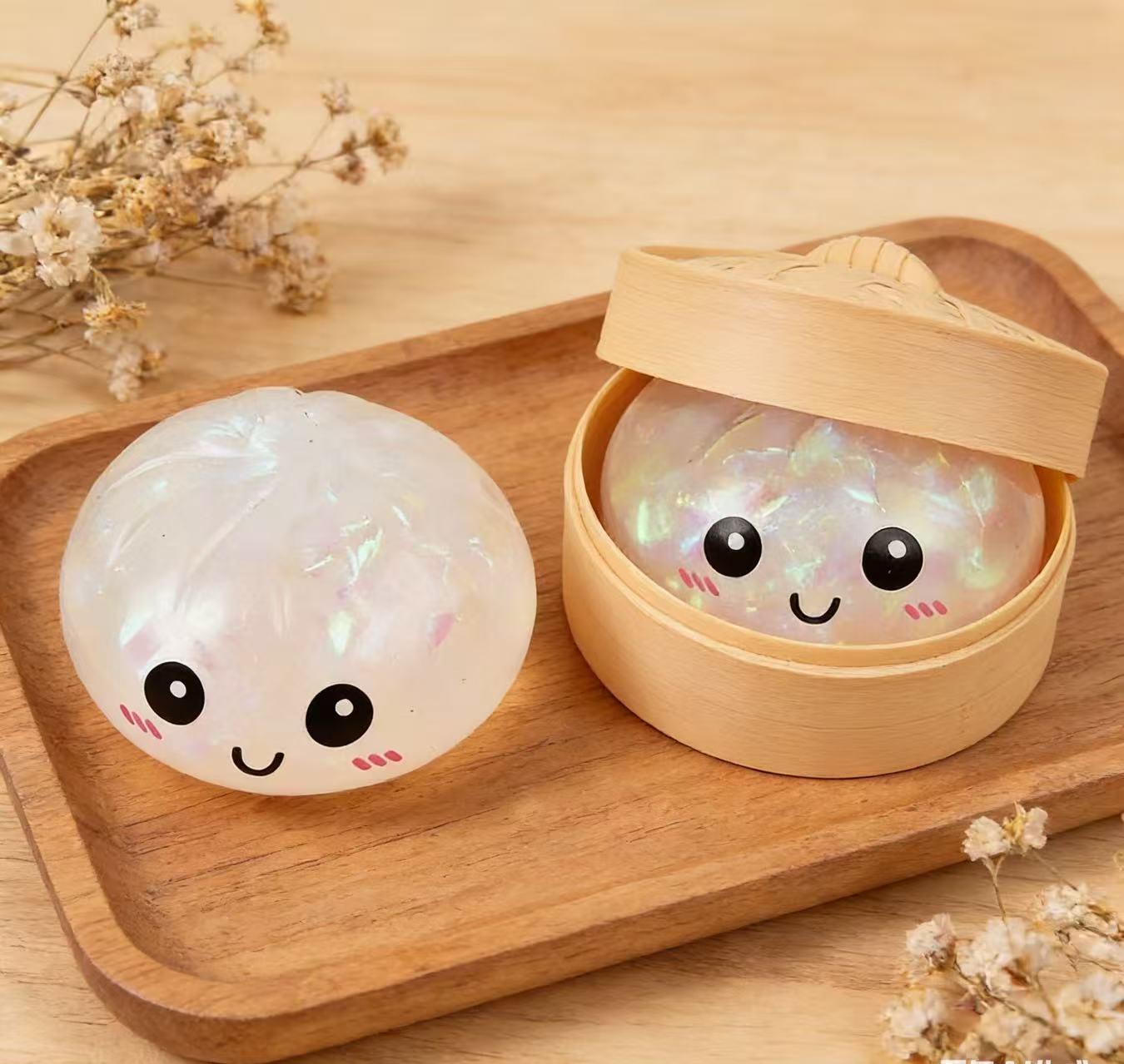 2026 New Glitter Dumpling Squishy with Steamer Box, Soft Sensory Fidget Steamed Bun Squeeze Tool for Adult Stress & Anxiety Relief,