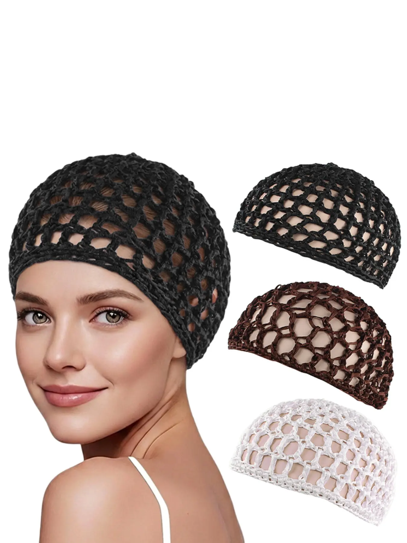 3pcs/set Women's Handmade Hairnet Wigs Hat Set, Solid Color Protective Haircare Sleep Haircap, Easy-To-Wear Hair Cover Headwear for Daily Use