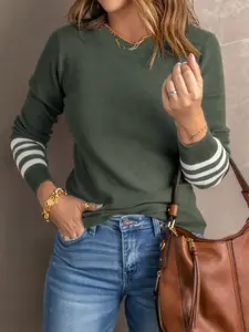 Women's Striped Print Sweater, Casual Ribbed Knit Long Sleeve Crew Neck Jumper for Spring & Fall, Fashion Women's Knitwear for Daily Wear