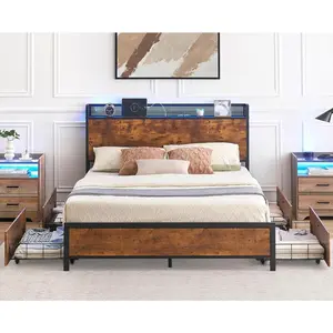 Garvee Queen Size Full Metal Platform Bed Frame with 2-Tier Storage Headboard, 4 Drawers, Built-In Charging Station & LED Lights, Noise-Free, No Box Spring Needed, Stylish Wooden Bed with Metal Support for Bedroom