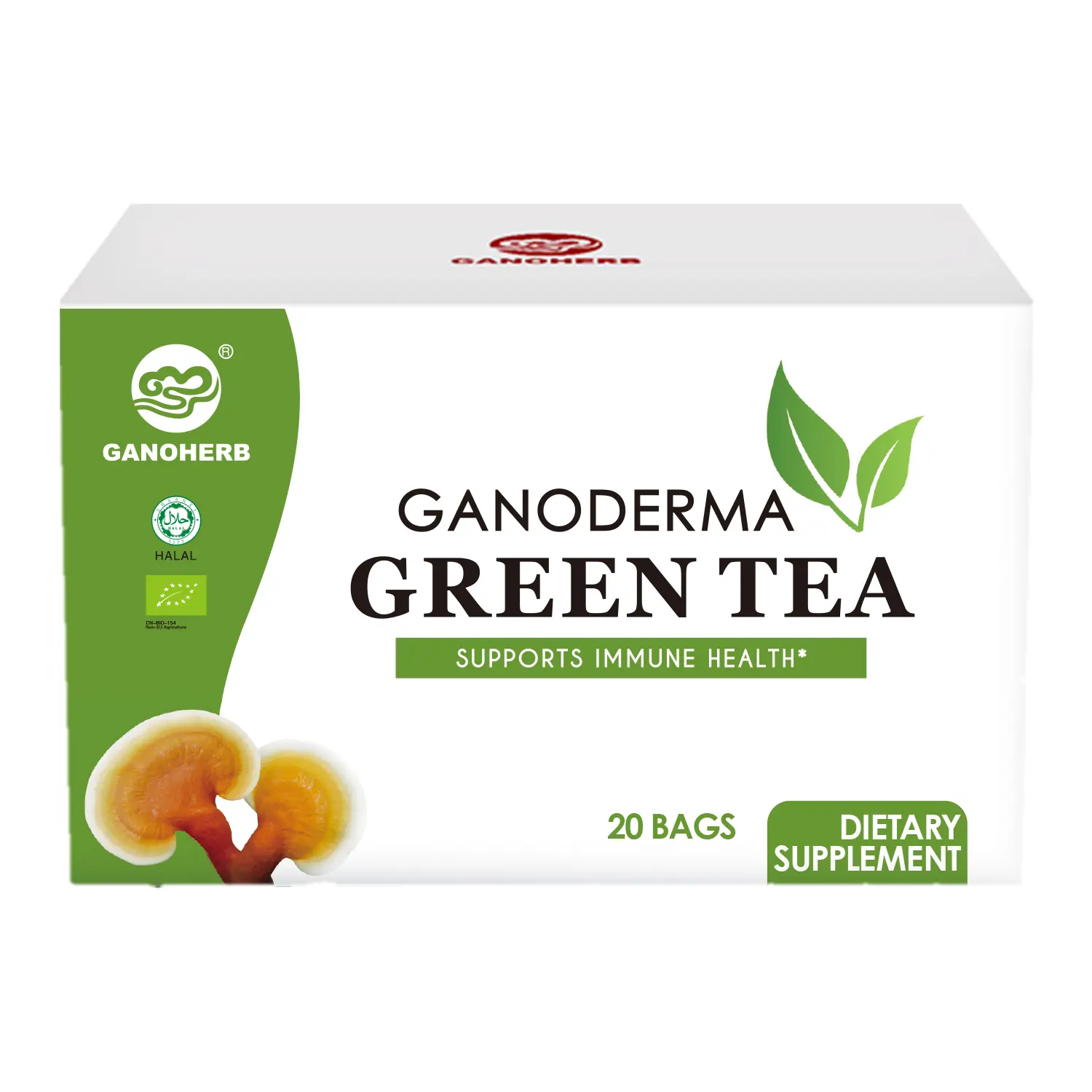 GANOHERB Reishi Mushroom Green Tea Beverage - 20 Packages, Antioxidant Natural Wellness Drink, Pure Formula, No Additives, Gluten-Free, Supports Overall Health, Boosts Energy