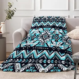 Southwestern Tribal Aztec Flannel Blanket - Soft, Cozy, Geometric American Native Ethnic Mexican Western Boho Design, Warm Bedding for Adults, Blue Black White Couch Decor Throw Blanket, Blankets,summervibes