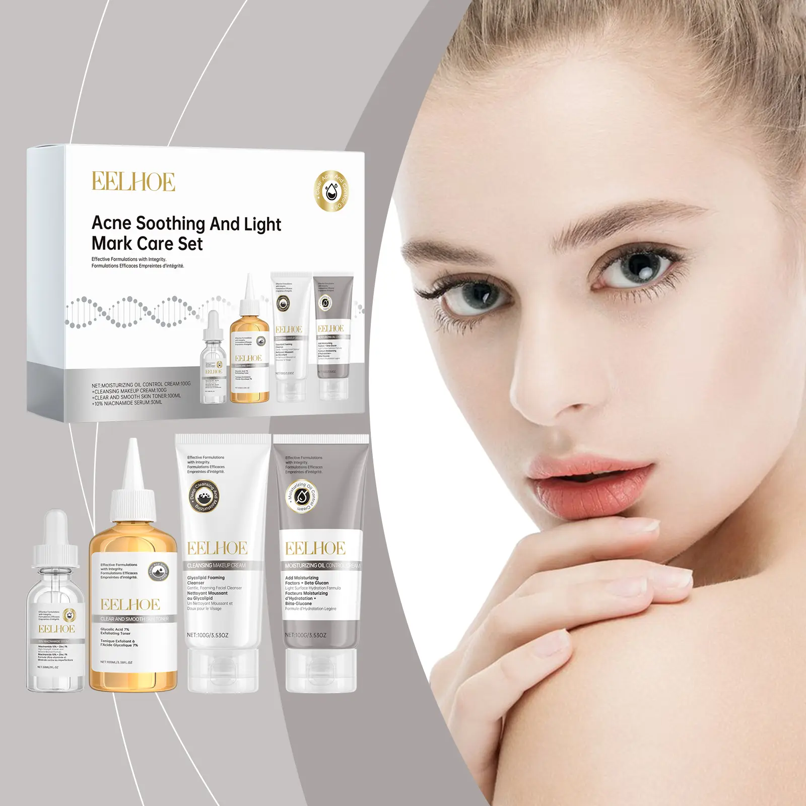 EELHOE Acne Care Multi-Pack Skincare Set - Glycolic Acid Foaming Cleanser, Cleansing Mask, Niacinamide Serum, Ginseng Extract Hyaluronic Sugar Moisturizer for Acne Prone Skin - Brightening, Gentle Skin Repair