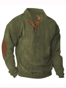 Men's European Size Fitted Stand Collar Corduroy Striped Knit Pullover, Fashion Lightweight Casual Sportswear, Ribbed Design for Outdoor & Daily Wear