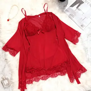 RSLOVE Valentine's Day 3-Piece Lingerie Set - Tummy-Friendly Ultra Flattering Lace Babydoll Robe Camisole Thong New Year Loungewear Elegant Womenswear night gown for women