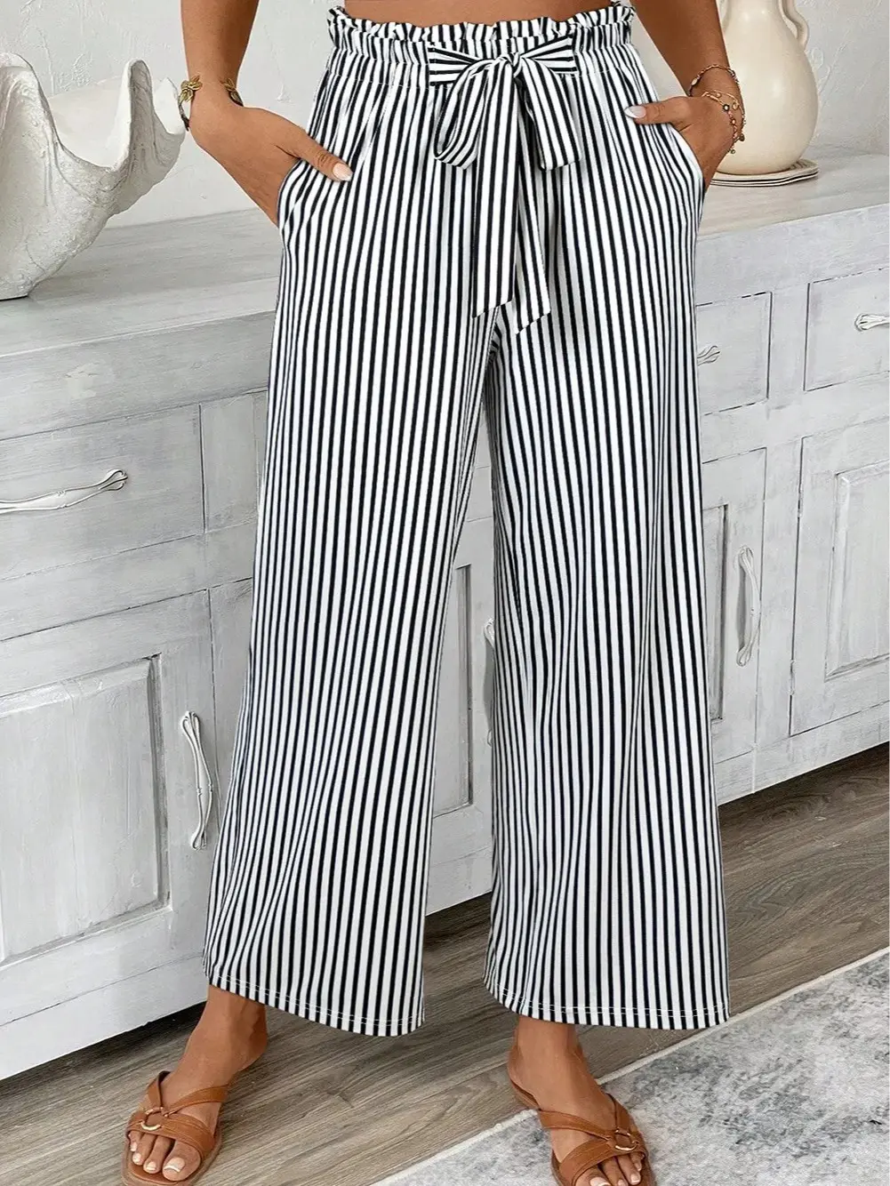 Women's Casual Striped Wide Leg Pants Man's High Waisted Paperbag Trousers with Tie Belt and Pockets