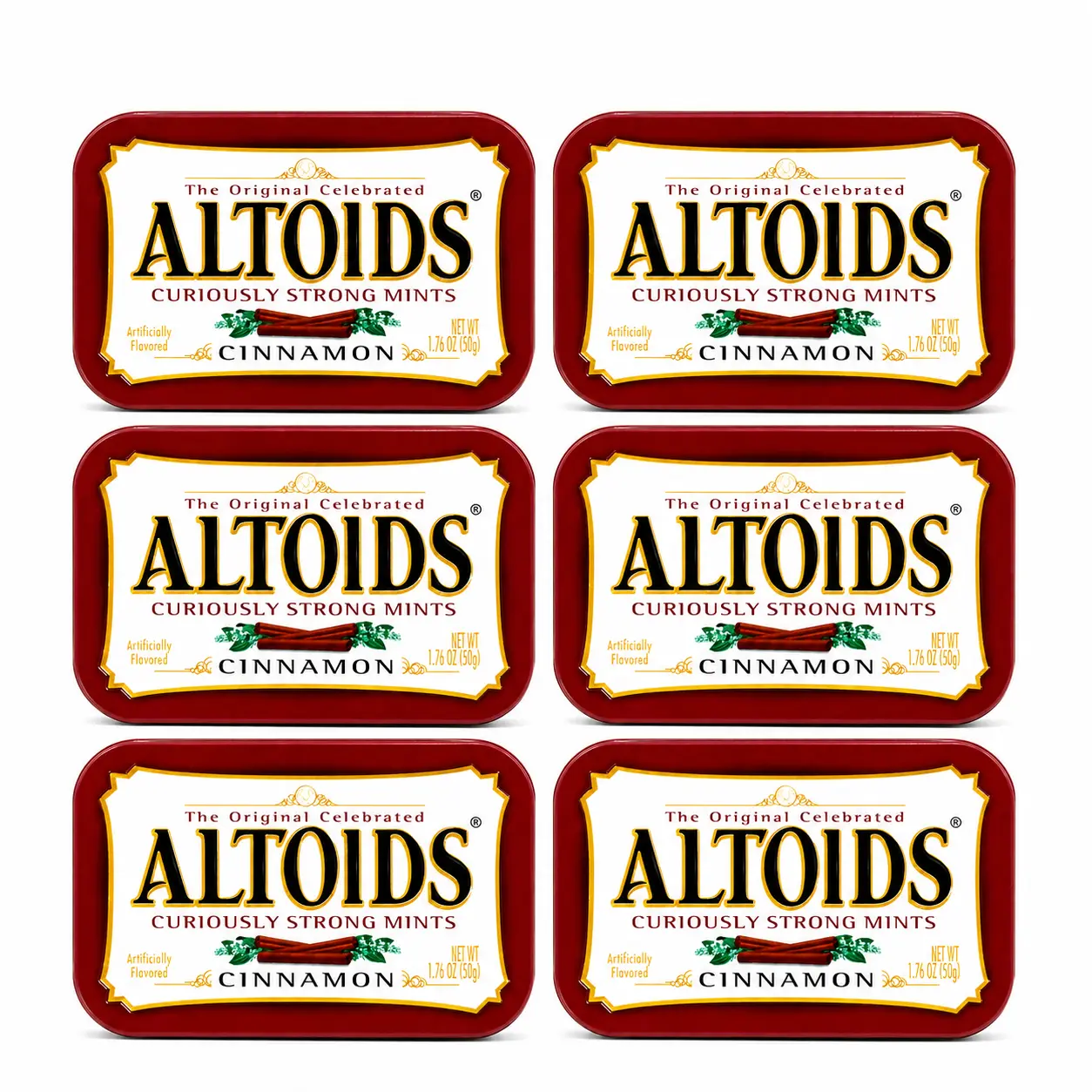 Altoids Curiously Strong Artificially Flavored Cinnamon Mints - Bulk 6 Iconic Metal Tin Packaging, 1.76oz Each - Sweet-Spicy Candy with Red 40, Gum Arabic, Great for On-the-Go, Keeps Mints Fresh
