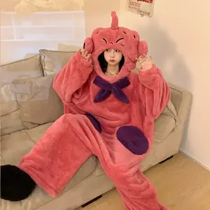 Winter Flannel Cartoon Jumpsuits Pajamas Set Sleepwear Funny Couple Onesie Pijamas Nightwear Coral Fleece Homewear Loungewear