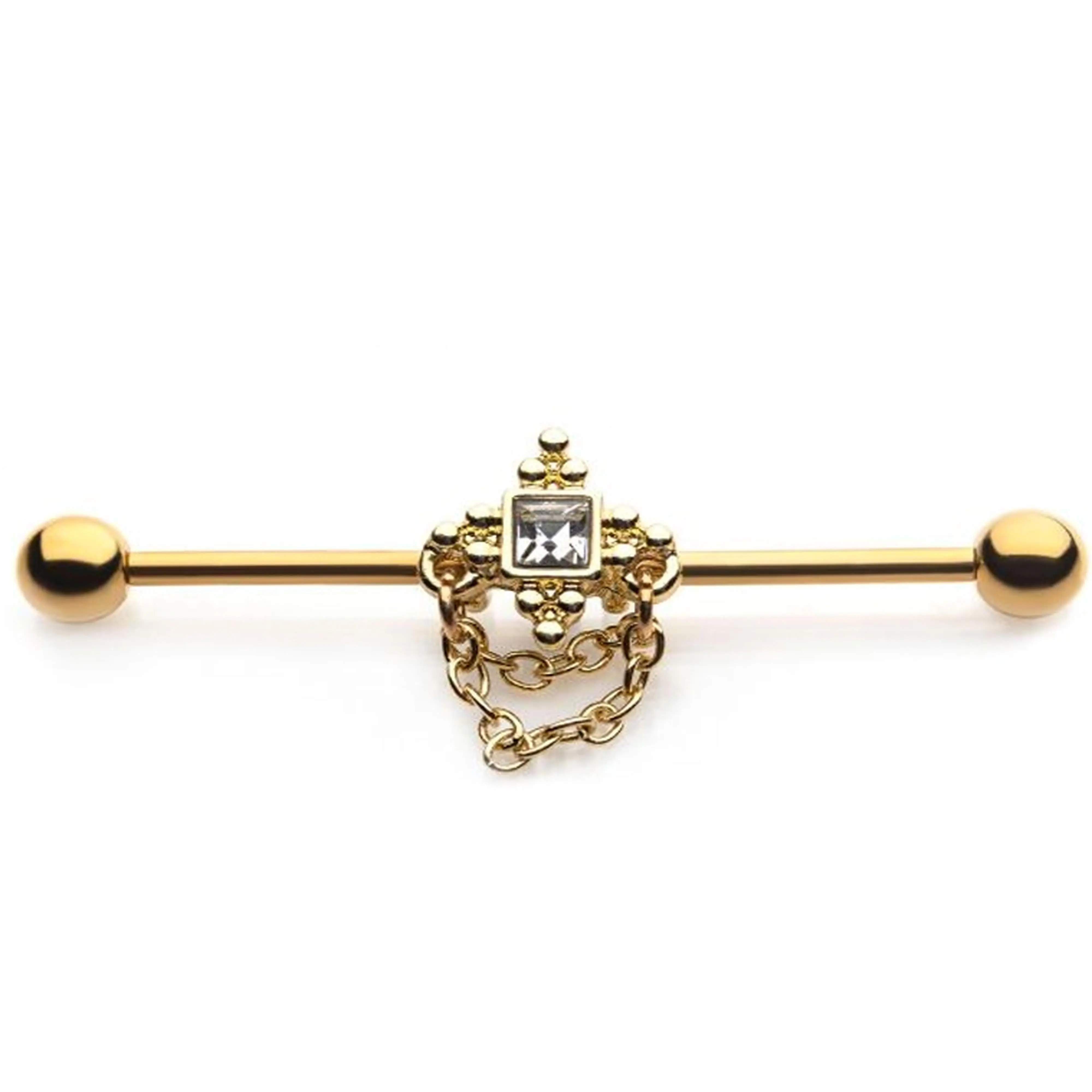 Gold PVD Square Gem Chained Industrial Barbell