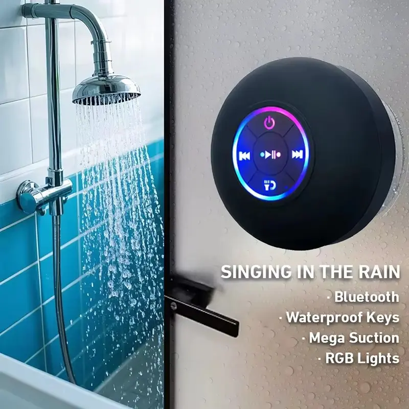 Portable Wireless Bluetooth-compatible Speaker with LED Light Ipx4 Waterproof Loudspeaker Wireless Shower Speaker for Outdoor & Bathroom Use Large Suction Cup Stereo Sound Box