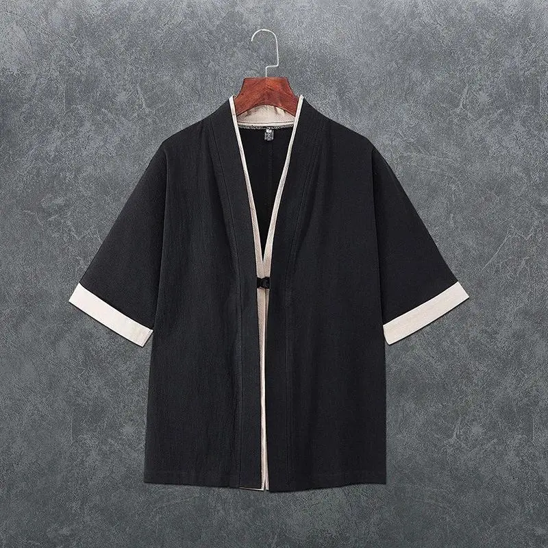 Summer Japanese Kimono Cardigan for Men Lightweight Linen 3/4 Sleeve Open Front Black Traditional Haori Kimonos