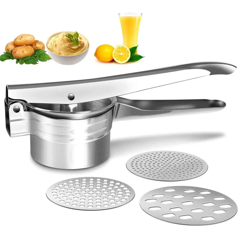 Potato Ricer Stainless Steel Masher, Large Capacity 15oz Potato Masher Kitchen Tool for Potatoes, Fruits, Vegetables and  , Juicer, Vegetable Strainer with 3 Interchangeable Ricing Discs