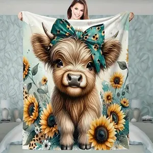 Highland Cow Pattern Blanket, Floral Print Blanket, 1 Count Soft Throw Blanket, Air-conditioned Room Blanket, Warm Nap Blanket for Home Office Travel