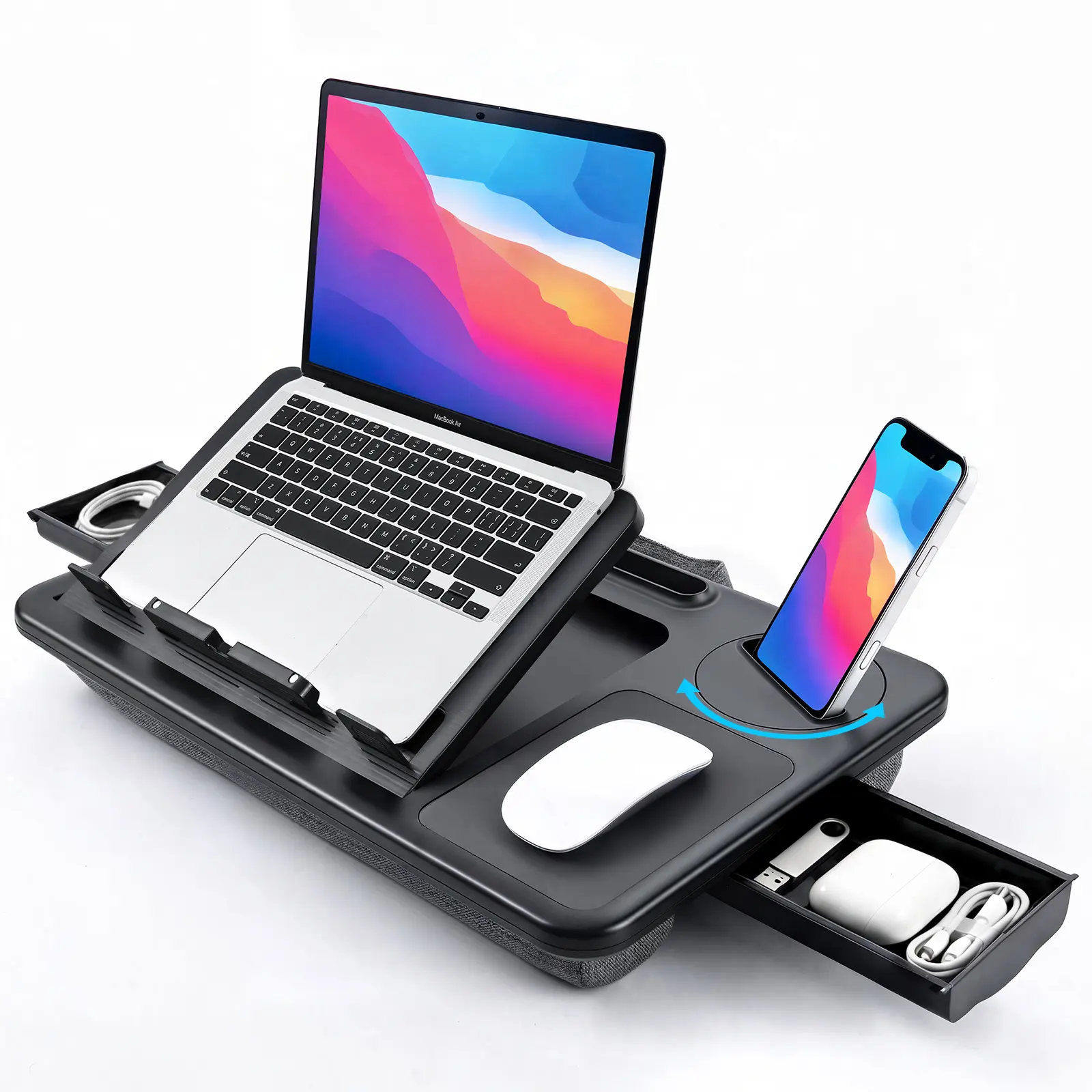 Adjustable Height Laptop Lap Tray with Phone Stand, Comfortable Cushion Base, Storage Drawers - 8 Adjustable Viewing Angles, Portable Travel Workstation for Bed, Sofa, Car