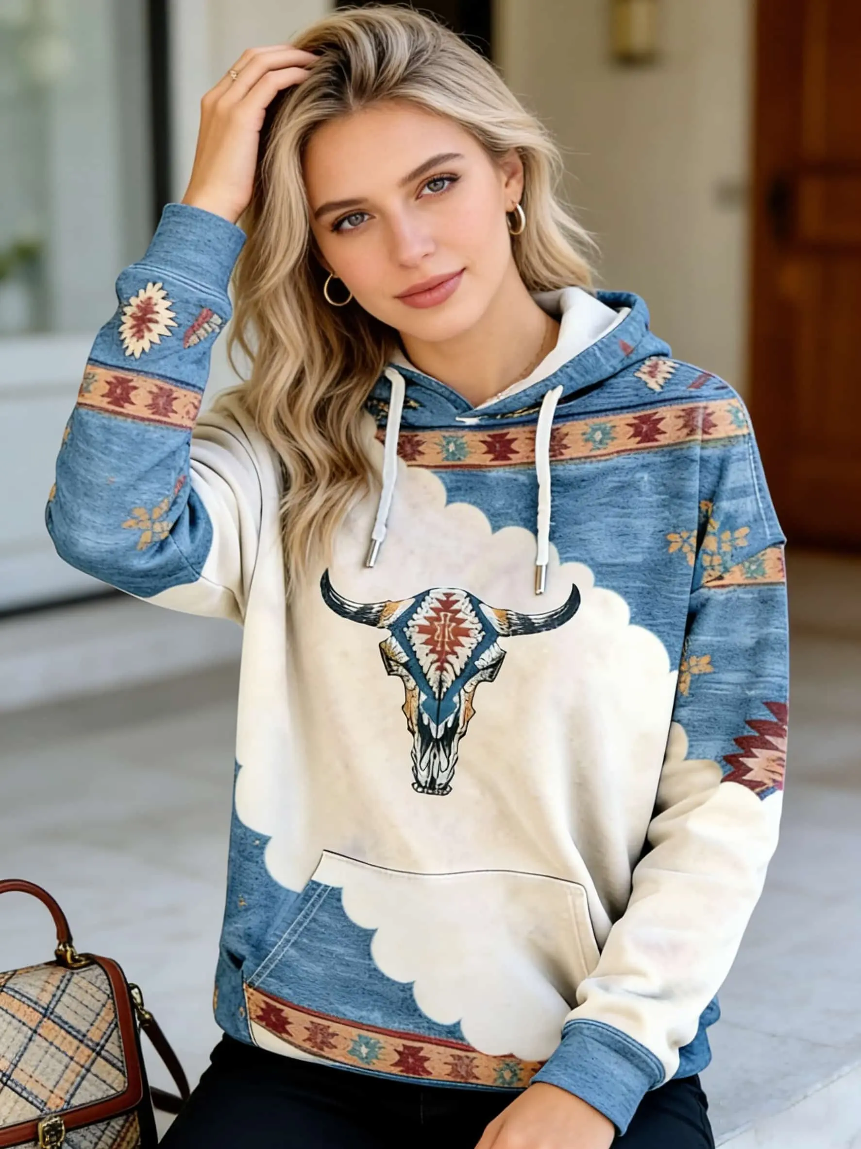 Women's Boho Tribal Bull Head Hoodie with Highland Cow Design, Drop Shoulder Casual Sweatshirt Made from Soft Fabric, Featuring Drawstring Hood and Front Pocket