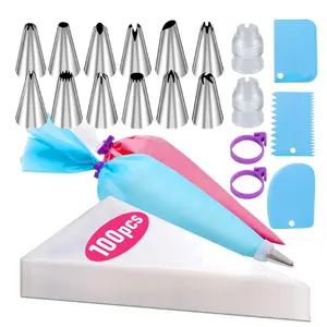 100PCS Disposable Pastry Bags & Piping Tips Set – 12 Inch Icing Bags for Cake Decorating, Reusable Piping Bag, 12 Frosting Tips, Coupler, Cake Scrapers, Baking Supplies Kit