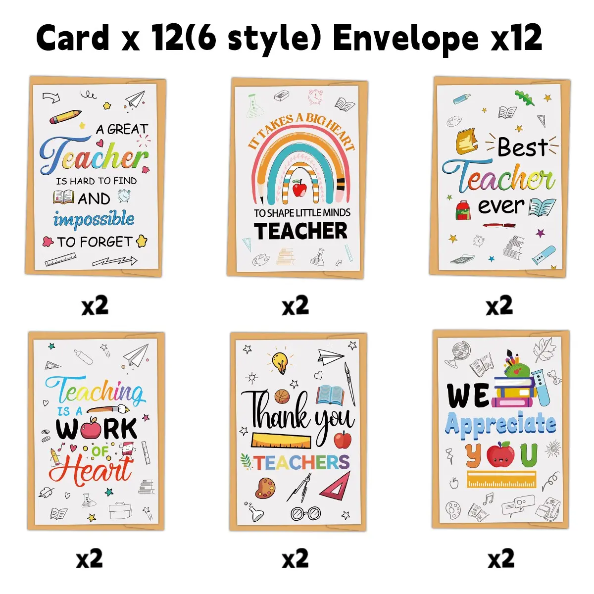 12-Pack Teacher Appreciation Cards with Envelopes, 6 Styles Inspirational Thank You Notes with Envelopes Set for Graduation Season, Back-to-School & Teacher's Day, Bulk Thank You Cards, Thanks Card