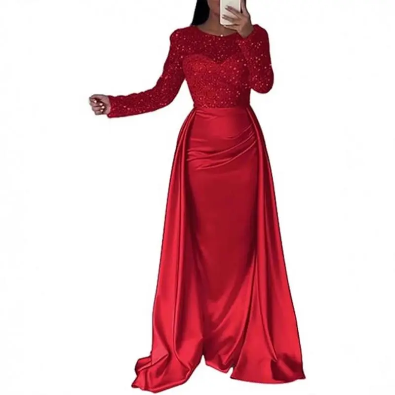 2026 Women's Banquet Long Sleeve Elegant Socialite Annual Meeting Host Queen Sequin Evening Dress with Crewneck and Basic Crewwork Design Formal