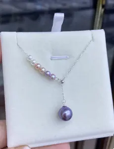 NE100 — Natural freshwater pearl necklace, 4–5 mm + 11–13 mm / 6+1 gradient, 925 silver adjustable, near round, basic flawless