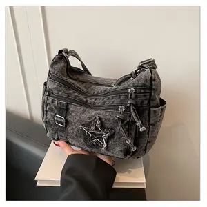 Gosect Women's Denim Crossbody Bag - Large Capacity Handbag Shoulder Bag, Multi-Pocket Everyday Purse, Double Zipper, Adjustable Strap, Machine-Washable, Ideal for Work, Daily Outings, Denim Crossbody Bags