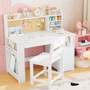 Garvee Children's Desk with Chair, Adjustable Desk for Kids with Open Shelves & Bookshelf & Storage, Children's Desk for Boys and Girls from 3 Years Old, White