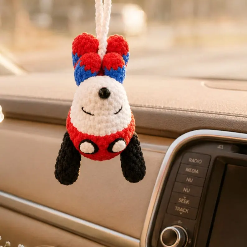 Crochet Superhero Dog Car Hanging, Handmade Amigurumi Puppy Rearview Mirror Charm, Cute Hero Dog Car Decor, Gift for Dog Lovers