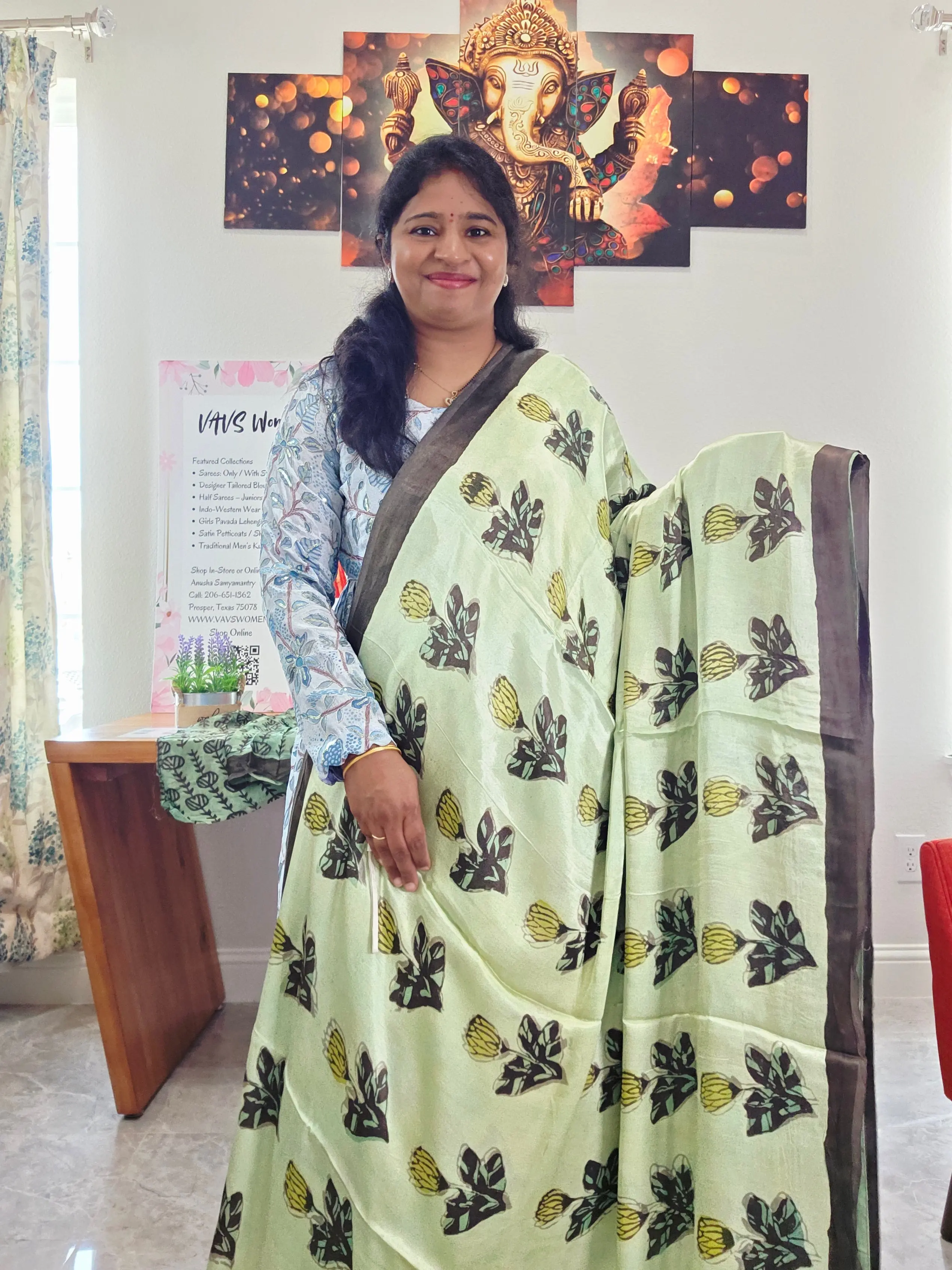 Celadon Sage Elegance Ajrakh Print Soft Satin Modal Saree with Mocha Brown Border | Blouse Piece Included