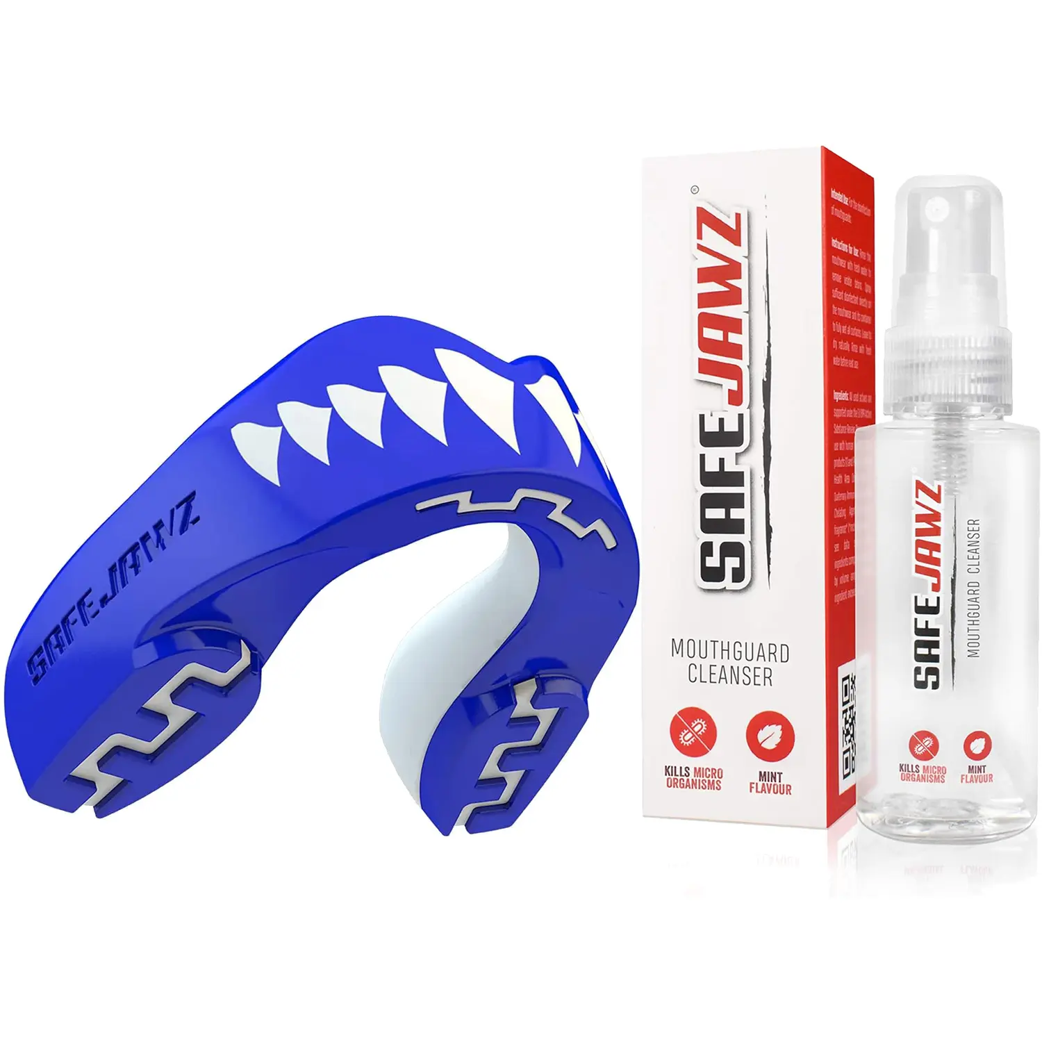 SafeJawz EXTRO Dual Layer Sports Mouth Guard with Case and Disinfectant Spray Bundle for Basketball, Football, MMA, Hockey, Wrestling - Adult - Shark