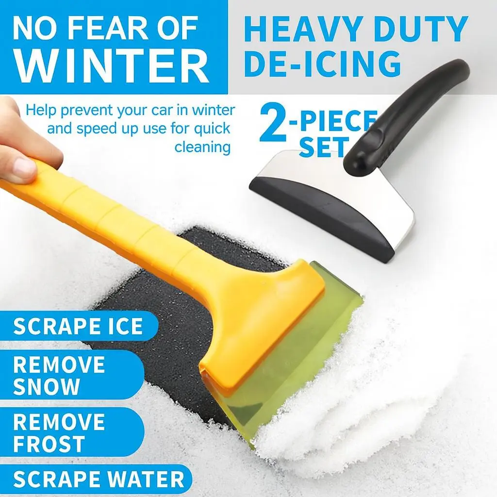 2-Piece Stainless Steel Winter Snow Removal Tools Set - Multi-Functional Snow Shovel, Ice Scraper, Car Windshield Cleaner with Anti-Slip Handle, Cleaning Detailed Edges for Faster Scratch-Free Outdoor, Vehicle Use, Two-Piece Set