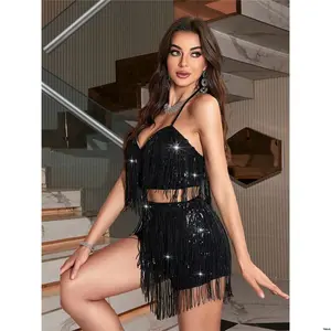 Party Tassel Sequin Sparkling Fashionable Ladies Allurite Two - Piece Set For Holiday Clothes