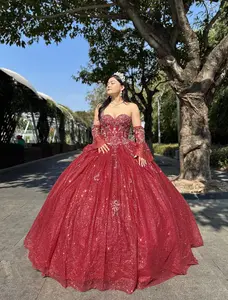 NO.40 Quinceanera Ball Gown Dress Sequin Lace Strapless Design Embroidered Lace Sleeves Mexican Sweet 15