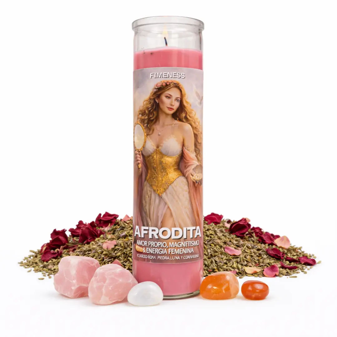 FIMENESS - APHRODITE SEVEN DAY PRAYER CANDLE - CRYSTAL AND HERB INFUSED