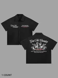 Men's Short Sleeve Shirt with Angel Letter Graphic Print, Casual Collared Shirt, Streetwear Casual Fashion, Fitted Design for Daily Wear