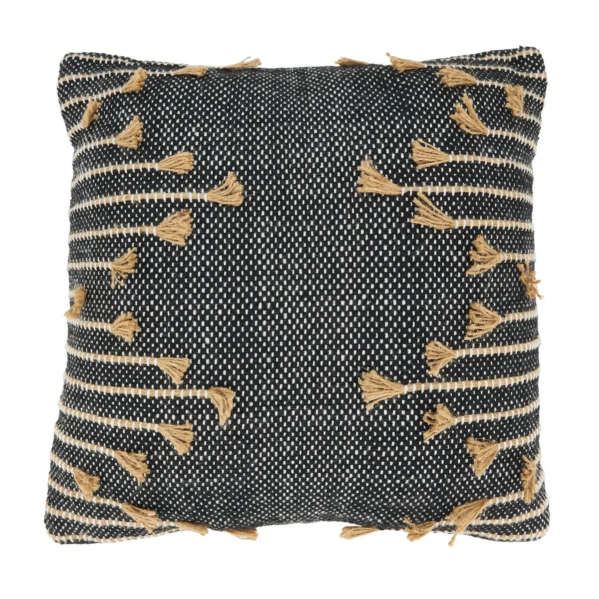 Saro Lifestyle 764.BK18SD 18 in. Cotton Handmade Tassels Zig-Zag Lines Down-Filled Square Throw Pillow, Black - Whimsical Look, Indoor Use