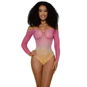 Tropical Peach Ombré Wide-Net Off-Shoulder Teddy