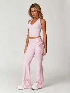 Women's 2-Piece Yoga Set, Sporty Vest and High Waisted Flared Pants Set, High Stretch Running Fitness Suit, Comfortable Skin-Friendly Activewear, Form Fitting Workout Two-Piece Set, Spring Summer Casual Sportswear, Flared Leggings & Tank Top Outfit