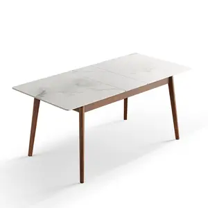 Dreamzon Walnut solid oak and white slate round corner diagonal leg telescopic table 1.2-1.5m, for 6-8 people to meet   Dining table wood (walunt color)