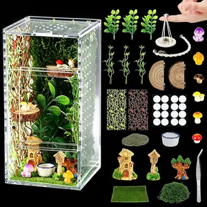 Jumping Spider Enclosure Kit, Small Acrylic Reptile Terrarium with Magnetic Door, Bug Habitat with 30 Pcs Jumping Spider Accessories for Tarantula, Mantis, Small Reptiles, 4" x 4" x 8"