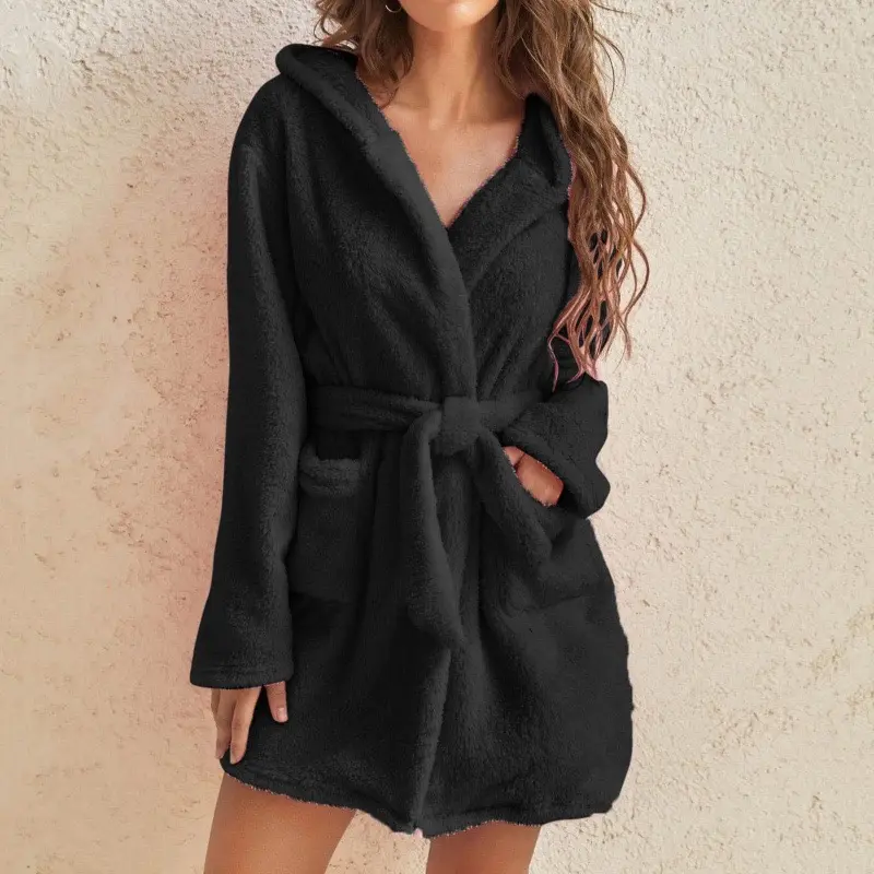 Women's Pure Short Fleece Robes Bridesmaid Bride Party Robes Sleepwear Soft Lightweight Knee Length Loungewear Basic Style Pockets Fabric
