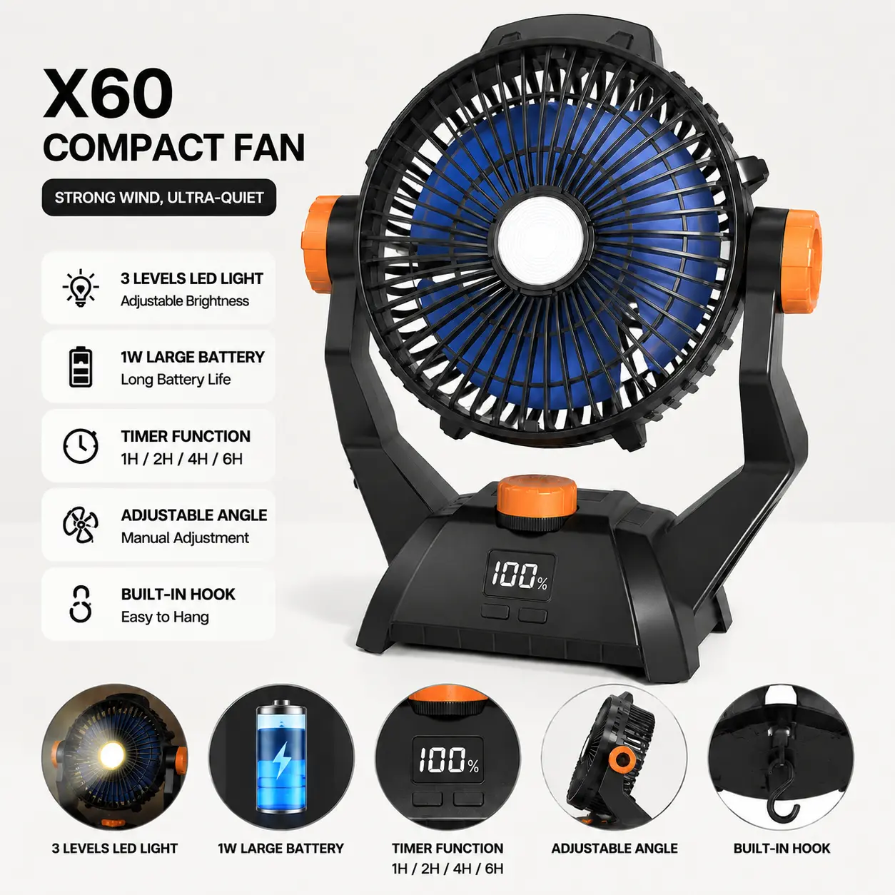 2026 Best-Selling Portable Rechargeable USB Fan with 270° Rotation & Hook – Perfect for Camping, Travel & Outdoor Cooling ventilador