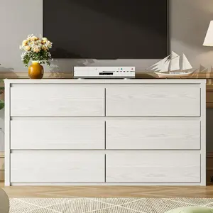 Modern 6 Drawer Dresser Wood Chest Of Drawers Wide Storage Cabinet 350LBS Heavy Duty TV Stand Media Console Sideboard Credenza Unit For Bedroom Living Room Hallway Entryway Clothes Organizer Cupboard Closet Furniture Black White
