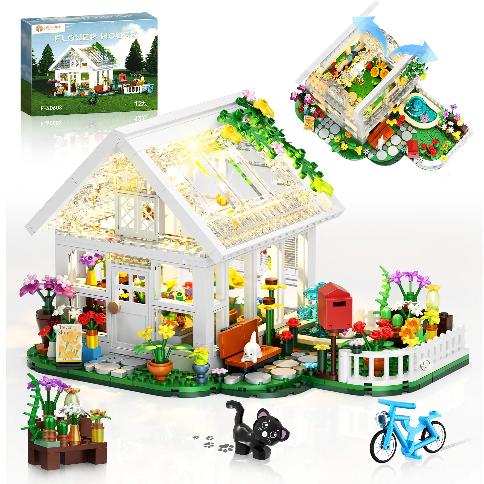 BUILDIFY Flower House Building Set with LED Light Creative Greenhouse Toy Kits Garden House City Street View Playset Christmas Birthday Gift for Adults Teens Girls Age 8-12 632 Pcs
