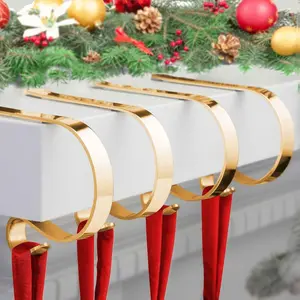 Christmas Stocking Holder 4 Pack Gold Non-Slip Adjustable Mantle Hangers for Fireplace Decorations Lightweight Zinc Alloy Easy Install Holiday Decor