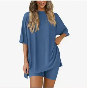 Crewneck  Two-Piece Set For Women Summer Casual Oversized Split Hem Shirts & Side Pocket Biker Shorts Minimalist Lounge Wear Soft Viscose Fabric Comfy Homewear Cozy Pjs